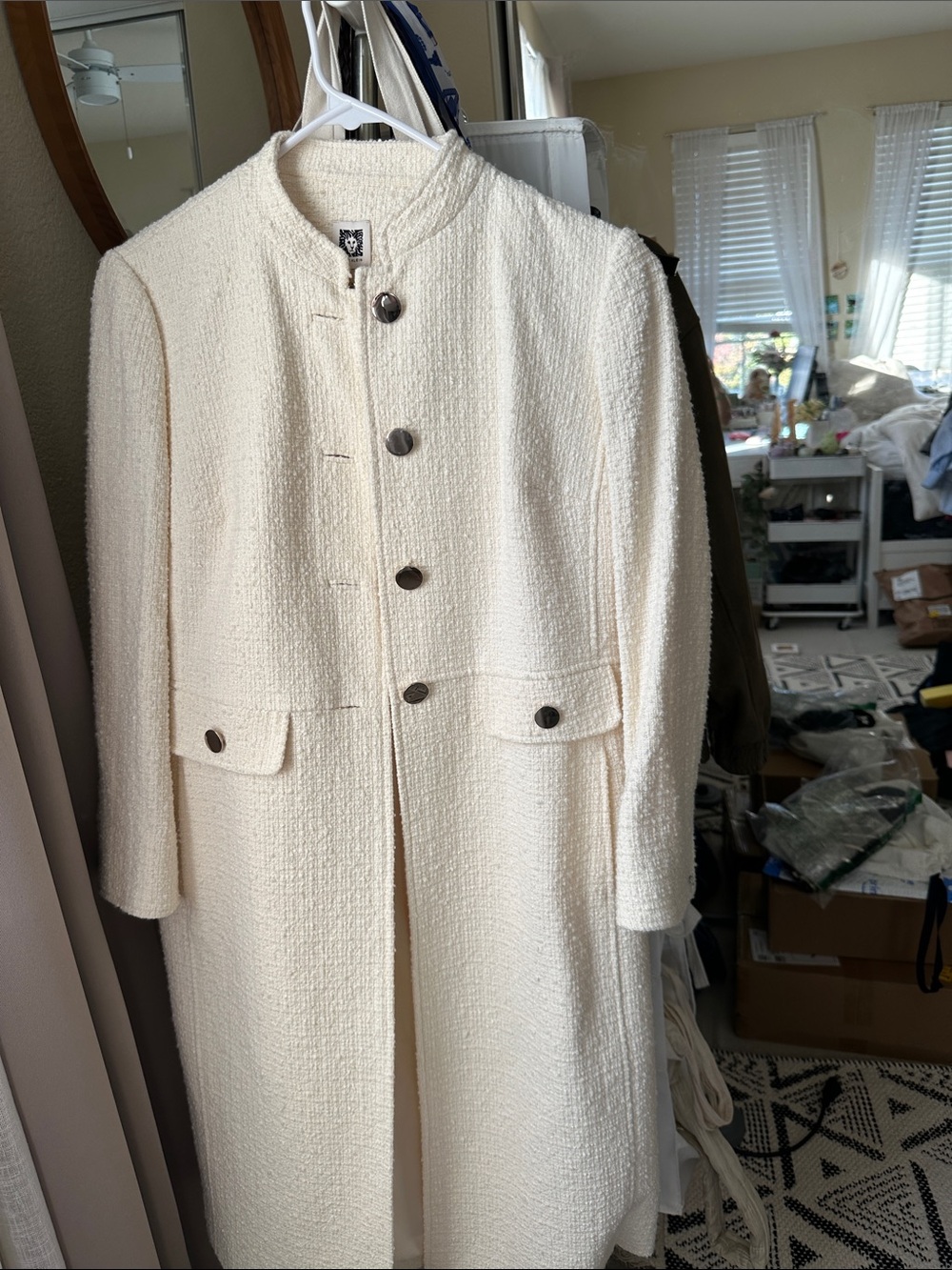 Brand new w/ tags Anne Klein Cream Textured Long Trench Coat with Button Front - Picture 3 of 6